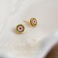 Gold Pink Green Enamel Round Totem Stud Earrings Pair view 4