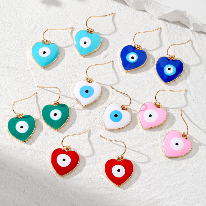 Gold Tone Heart Enamel Evil Eye Hook Earrings in Six Colors