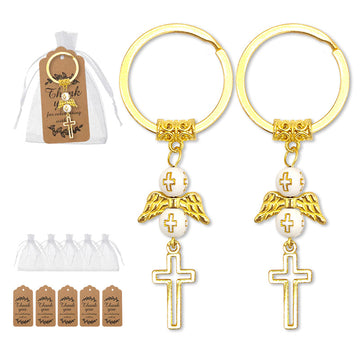 Gold Guardian Angel Cross White Bead Charm Keychain