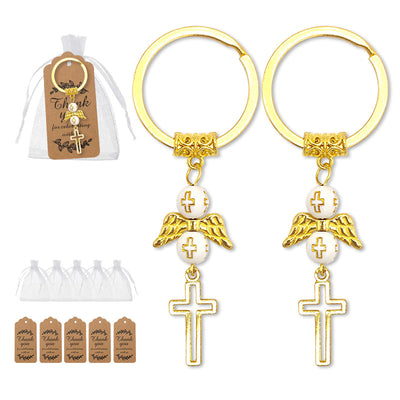 Gold angel cross bead keychains with bags and kraft thank-you tags