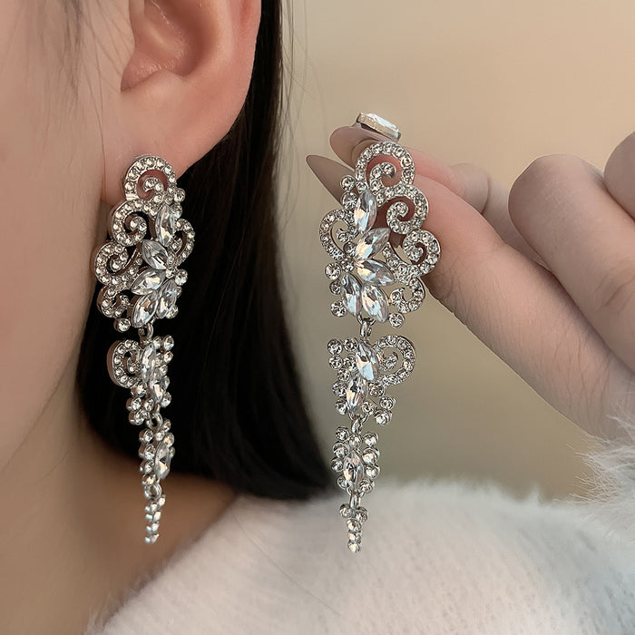 Silver Tone Clear Stone Scroll Chandelier Long Earrings