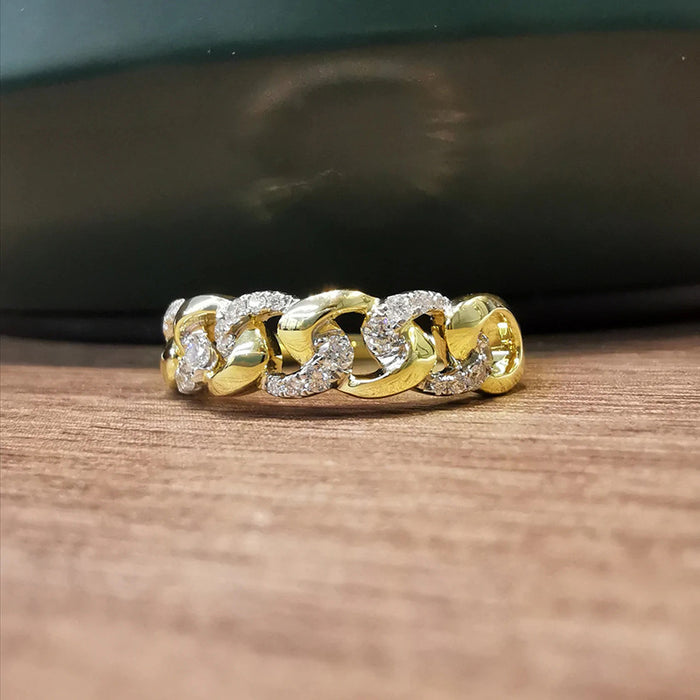 Gold Tone Crystal Cuban Link Chain Style Band Finger Ring