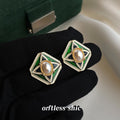 Green Enamel Diamond Pearl Center Stud Earrings Gold Tone view 1