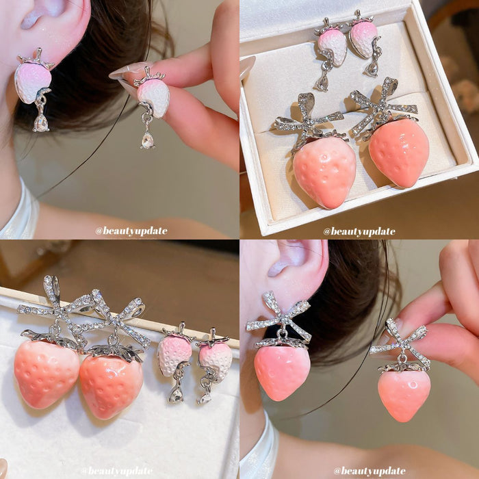 Pink Strawberry and Crystal Bow Drop Stud Earrings