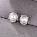 Cat Ear Faux Pearl Stud Earrings Silver Gold Tone CZ Accents view 3