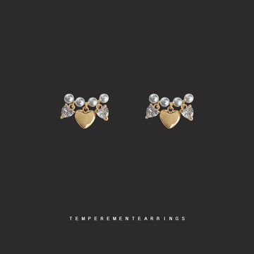 Gold Pearl Bar Heart Charm Crystal Stud Earrings Matching Pair