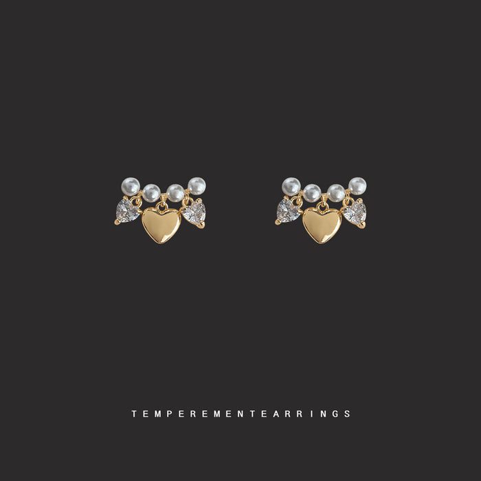 Gold Pearl Bar Heart Charm Crystal Stud Earrings Matching Pair