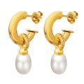 Crystal Bridge Hoop Earrings with White Pearl Drop in Gold Tone view 5
