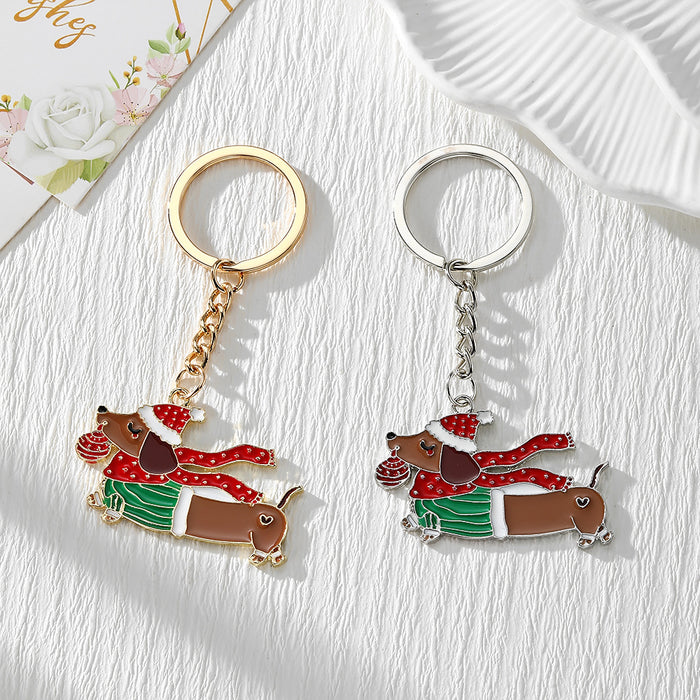 Christmas Dachshund Enamel Keychains Gold Silver Tones