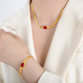 Gold Herringbone Necklace Bracelet Oval Glass Zircon Center view 1