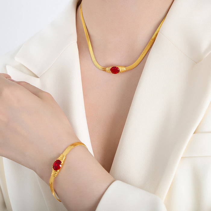 Gold Herringbone Necklace Bracelet Oval Glass Zircon Center