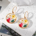 Gold Tone Divided Round Pressed Flower Resin Hook Earrings view 9