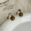 Brown Round Pearl Look Mixed Cluster Stud Earrings view 2