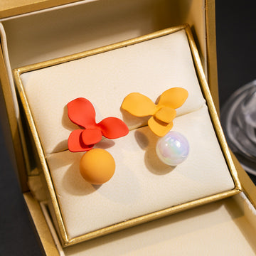 Orange Red and Yellow Mismatched Flower Ball Stud Earrings