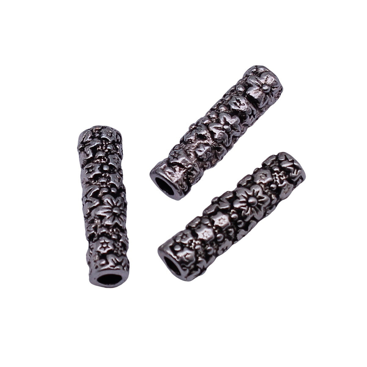 20x5.4x5.4mm 1.6g Antique Silver Zinc Alloy Flower Pattern Cylinder Tube Beads for Bracelet Necklace DIY