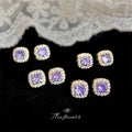 Gold-Tone Purple Zircon Cushion Halo Stud Earrings view 4