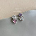 Silver Double Heart Crystal Stud Earrings Pink Purple view 6