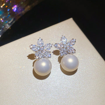 Silver Tone Crystal Flower Stud Earrings With Pearl Drops