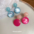 Pink Double Circle Resin Drop Earrings with Shell Texture view 4