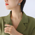 Bold Camellia Flower Stud Earrings Gold Steel Tone view 7