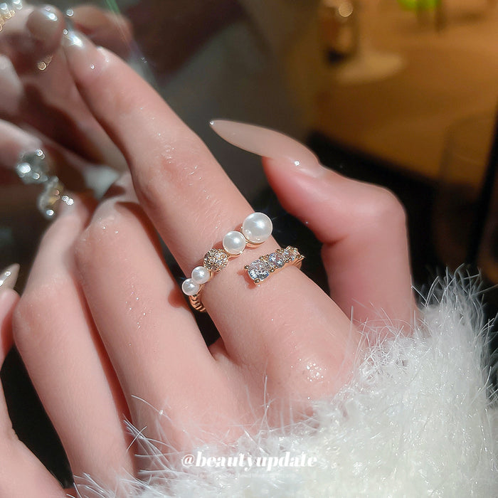 Gold Open Pearl And Cubic Zirconia Adjustable Ring