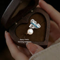 Silver Tone Blue Butterfly Wing Clear Stone And Pearl Open Ring view 3