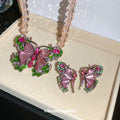 Pink Butterfly Beaded Necklace Matching Rhinestone Butterfly Earrings view 4