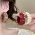 Textured Woven Hoop Earrings in Ivory and Burgundy view 2