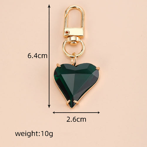 Deep green heart crystal keychain with gold clasp size diagram
