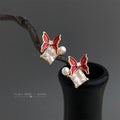 Gold Red Enamel Butterfly Clear CZ Pearl Stud Earrings view 4
