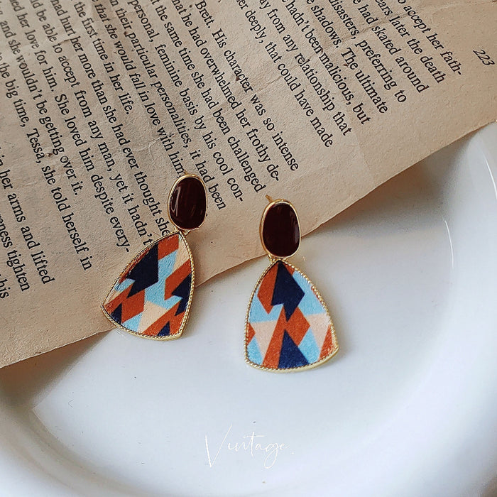 Geometric Fabric Teardrop Drop Earrings Brown Enamel Tops