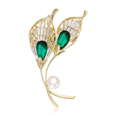 Green calla lily crystal brooch with pearl gold tone on white