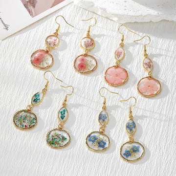 Gold Hook Pressed Flower Resin Drop Earrings 4 Style Mix