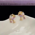 Gold Tone Purple Cocktail Glass Pearl And Clear Stone Stud Earrings view 6
