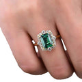 Emerald Green Rectangular Clear Stone Halo Ring In Gold Tone view 5