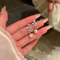 Silver Tone Floral Stud Earrings With Gray Petals And Pearl Drops view 6