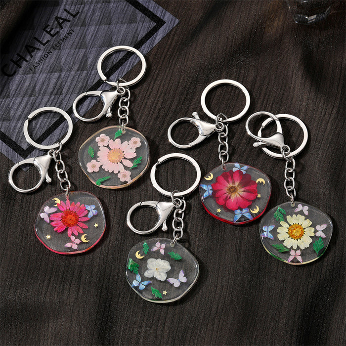 Silver Tone Irregular Round Pressed Flower Resin Keychains