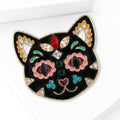 Black Enamel Cat Face Brooch Multicolor Rhinestone Gold Rim view 3