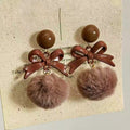 Bow and Faux Fur Pom Pom Stud Earrings in Dusty Brown and Red view 1