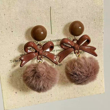 Bow and Faux Fur Pom Pom Stud Earrings in Dusty Brown and Red