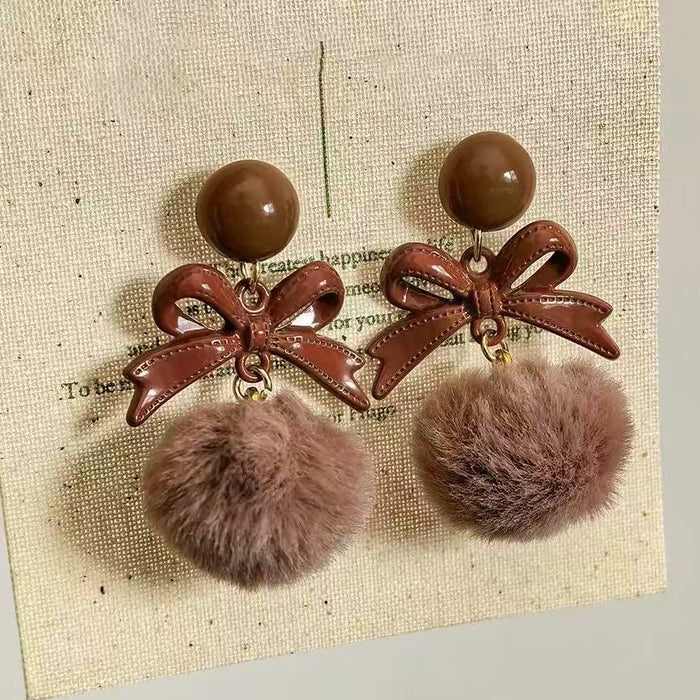 Bow and Faux Fur Pom Pom Stud Earrings in Dusty Brown and Red