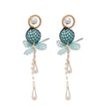 Blue Fabric Flower Earrings With Pearl And Teardrop Accents view 5