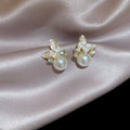 White Butterfly And Pearl Stud Earrings with Crystal Accents view 6