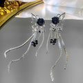 Black Rose Butterfly and Silver Chain Tassel Stud Earrings view 6
