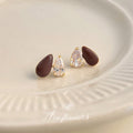 Gold-Tone Teardrop CZ Stud Earrings Brown Enamel Accent view 4