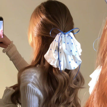 White Blue Floral Chiffon Scrunchie Bow Ribbon Hair Tie