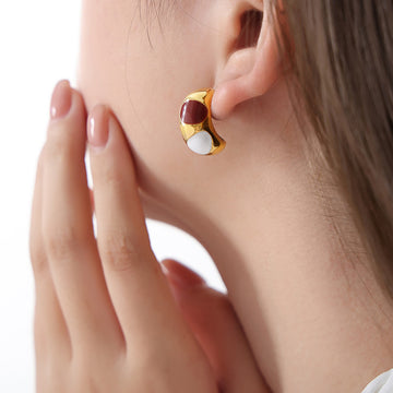 Multi Color Enamel Bean Stud Earrings Gold And Steel