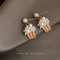 Gold Tone White Pearl Popcorn Box Novelty Stud Earrings view 1