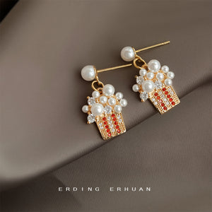 Gold Tone White Pearl Popcorn Box Novelty Stud Earrings