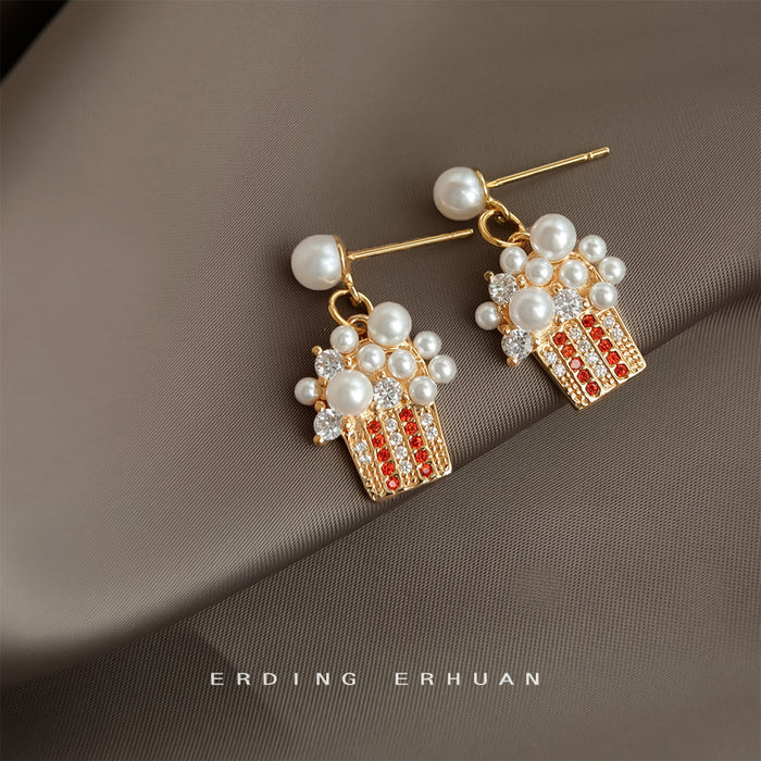 Gold Tone White Pearl Popcorn Box Novelty Stud Earrings